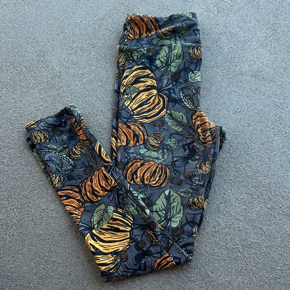 LuLaRoe Halloween Pumpkin Spider Leggings Black Orange Green - Sz OS